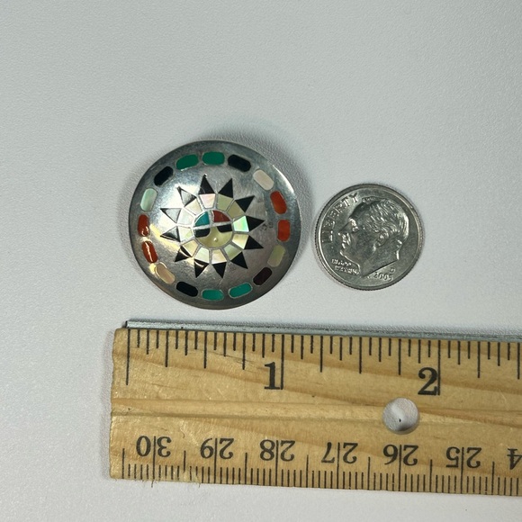 Vintage Signed Zuni Inlay Sun Face HL Lanyate Hesser Turquoise Coral Onyx Shell - Picture 6 of 7